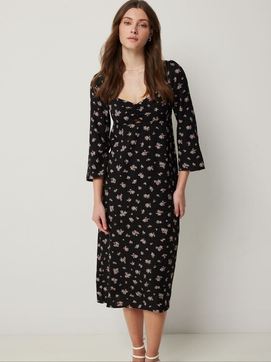Ardene Dresses & Skirts - Black Floral Midi Dress with Sweetheart Neckline